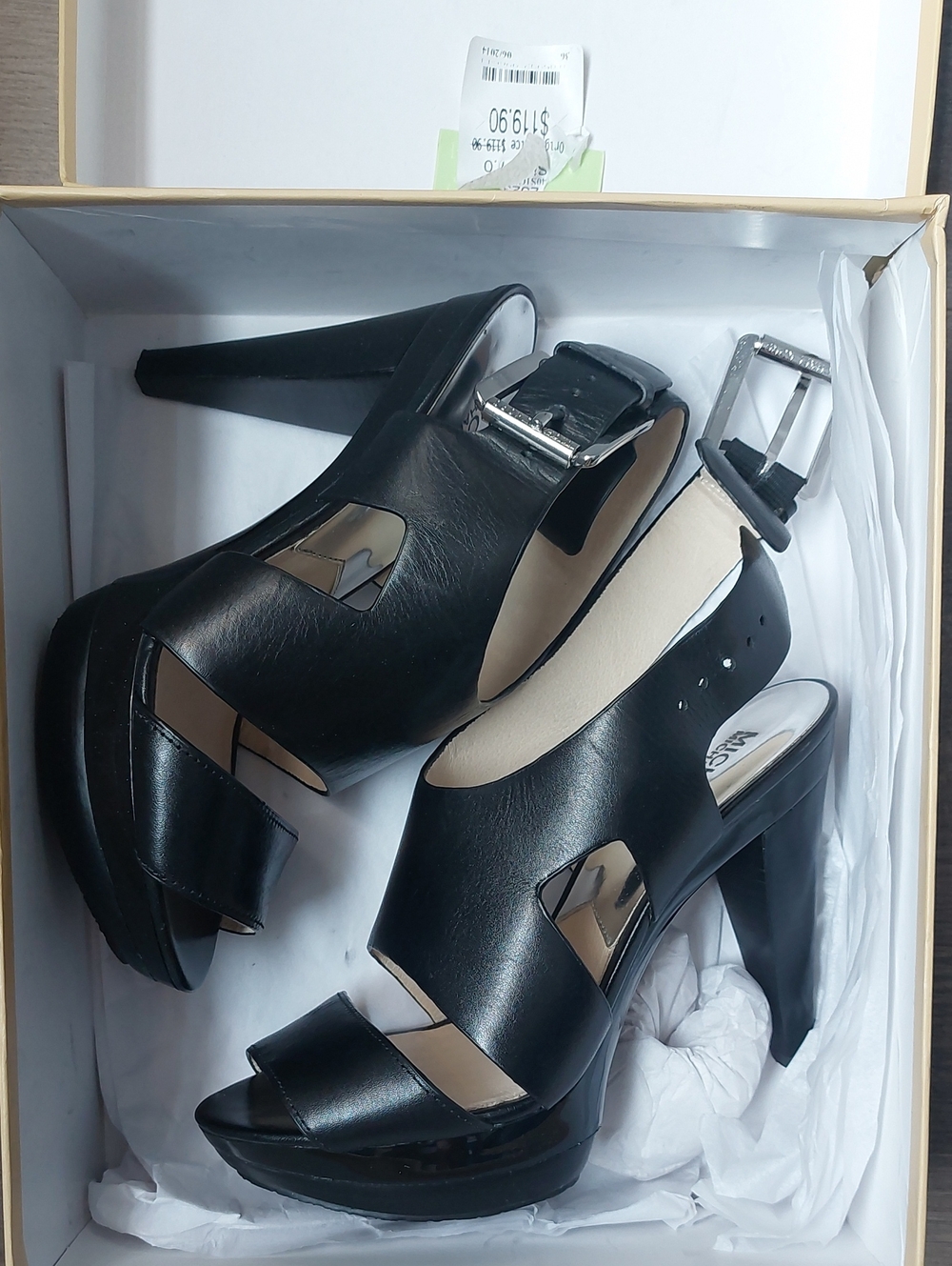 Michael Kors Black Leather High-Heel Platform Sandals with Buckle Strap Size 7